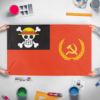 A mockup of the custom flag 'One Piece Gen Z Leftist Protest Flag' held up on a table during print checking