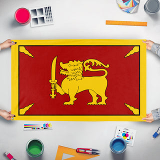 A mockup of the custom flag 'Flag of Kingdom of Kandy' held up on a table during print checking