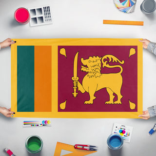 A mockup of the custom flag 'Flag of Sri Lanka' held up on a table during print checking