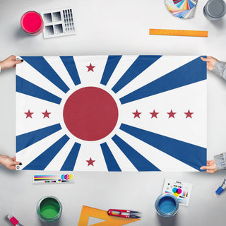 A mockup of the custom flag 'Japanese Pacific States flag' held up on a table during print checking