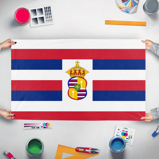 A mockup of the custom flag 'Kingdom of Hawaii flag' held up on a table during print checking
