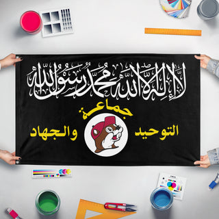 A mockup of the custom flag 'bewces flag' held up on a table during print checking