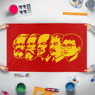 A mockup of the custom flag 'Marxism Leninism Totalism flag' held up on a table during print checking