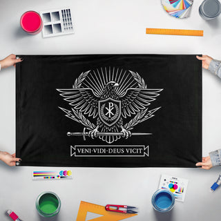 A mockup of the custom flag 'Holy Roman Order flag' held up on a table during print checking