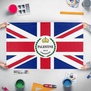 A mockup of the custom flag 'High commissioner of Palestine and Transjordan flag' held up on a table during print checking
