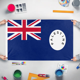 A mockup of the custom flag 'Palestine customs and postal services ensign flag' held up on a table during print checking