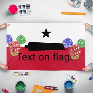 A mockup of the custom flag 'T flag' held up on a table during print checking