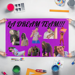 A mockup of the custom flag 'dream team  flag' held up on a table during print checking