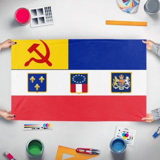 A mockup of the custom flag 'Allied Nations Alternate WW2 scenario flag' held up on a table during print checking