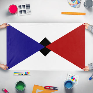 A mockup of the custom flag 'The State Republic flag' held up on a table during print checking
