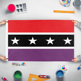 A mockup of the custom flag 'SAMORA flag' held up on a table during print checking