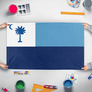 A mockup of the custom flag 'Thelesian flag' held up on a table during print checking