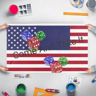 A mockup of the custom flag 'T flag' held up on a table during print checking
