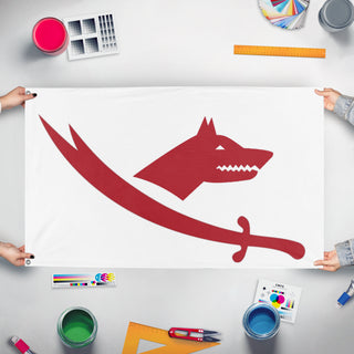 A mockup of the custom flag 'Turkoman-Alevi Flag' held up on a table during print checking