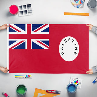 A mockup of the custom flag 'Palestine maritime ensign flag' held up on a table during print checking