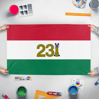 A mockup of the custom flag 'Taarklstan flag' held up on a table during print checking