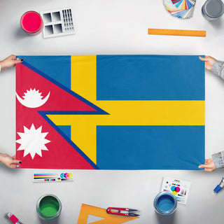 A mockup of the custom flag 'THE SWEPAL flag' held up on a table during print checking