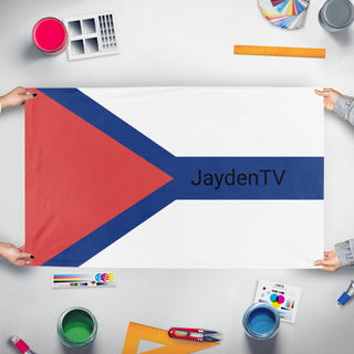 A mockup of the custom flag 'JaydenTV Flag' held up on a table during print checking