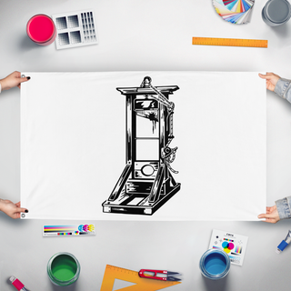 A mockup of the custom flag 'Guillotine Flag' held up on a table during print checking