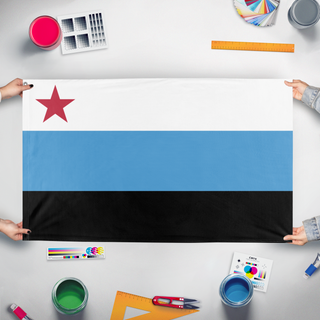 A mockup of the custom flag 'Republic of Volnoslavia flag' held up on a table during print checking