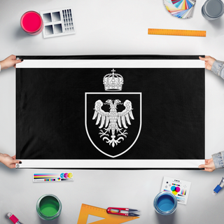 A mockup of the custom flag 'Andrews 2 flag' held up on a table during print checking