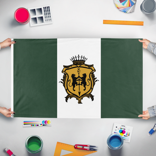 A mockup of the custom flag 'Aldovia flag' held up on a table during print checking