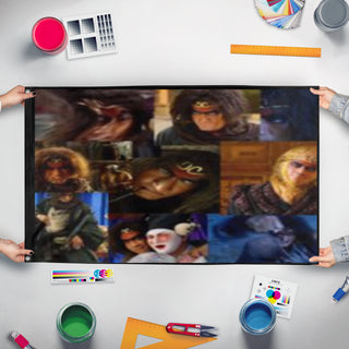 A mockup of the custom flag 'wukongforever flag' held up on a table during print checking