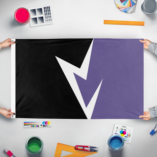 A mockup of the custom flag 'virl flag' held up on a table during print checking