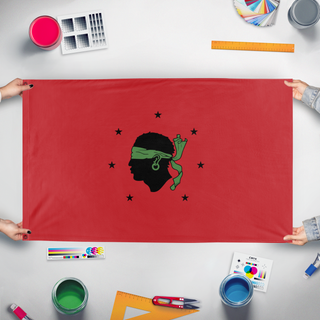 A mockup of the custom flag 'Godbody Desk2 flag' held up on a table during print checking