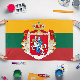 A mockup of the custom flag 'Kingdom of Lithuania flag' held up on a table during print checking