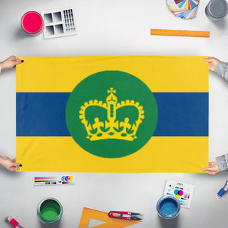A mockup of the custom flag 'Missian Flag' held up on a table during print checking