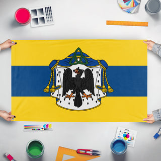 A mockup of the custom flag 'Missian Royal Flag' held up on a table during print checking
