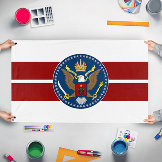 A mockup of the custom flag 'Monarchists of America Buffalo variant flag' held up on a table during print checking