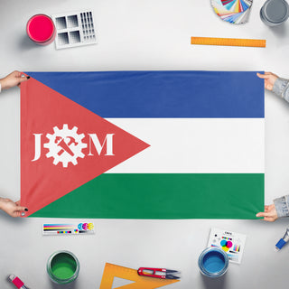 A mockup of the custom flag 'My cool dad's flag' held up on a table during print checking