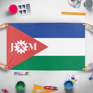 A mockup of the custom flag 'Dad Flag' held up on a table during print checking