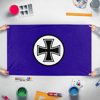 A mockup of the custom flag 'WeLLeReich flag' held up on a table during print checking