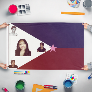 A mockup of the custom flag 'gracue nation flag' held up on a table during print checking
