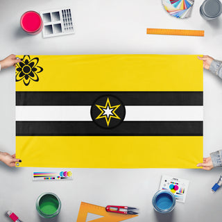 A mockup of the custom flag 'Eternal Kingdom of Arktosia flag' held up on a table during print checking