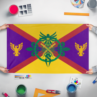 A mockup of the custom flag 'Empire of Caasia Flag' held up on a table during print checking
