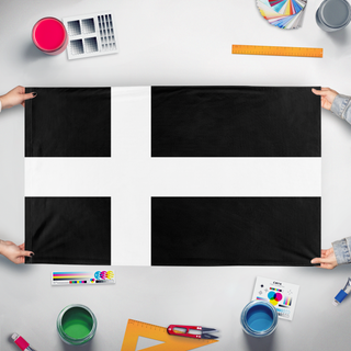 A mockup of the custom flag 'LStndrdSV flag' held up on a table during print checking