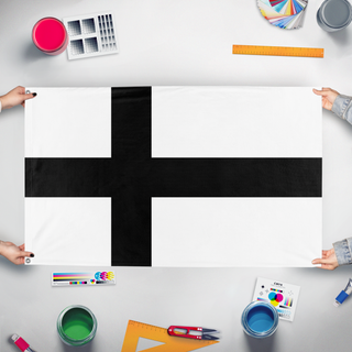 A mockup of the custom flag 'LStndrdFI flag' held up on a table during print checking