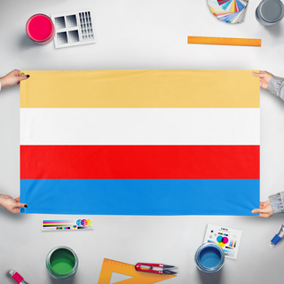 A mockup of the custom flag 'gdafsk flag' held up on a table during print checking