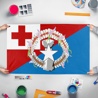 A mockup of the custom flag 'Tonga Northern Mariana  flag' held up on a table during print checking