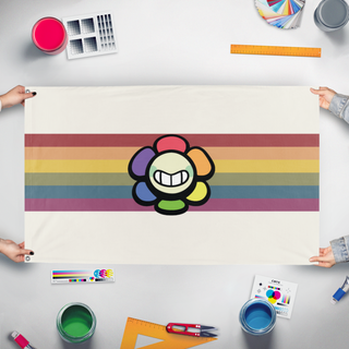 A mockup of the custom flag 'Dandy flag' held up on a table during print checking