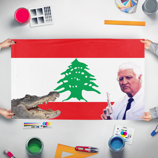 A mockup of the custom flag 'Katter flag' held up on a table during print checking