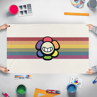 A mockup of the custom flag 'Dandy Revolution flag' held up on a table during print checking