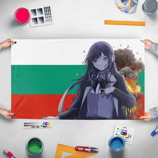 A mockup of the custom flag 'bullshit flag' held up on a table during print checking