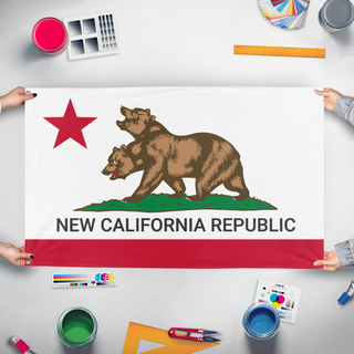 A mockup of the custom flag 'New California Republic flag' held up on a table during print checking