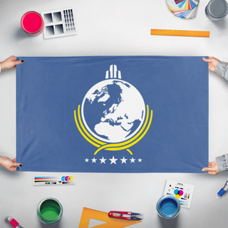 A mockup of the custom flag 'Super Earth Federation flag' held up on a table during print checking