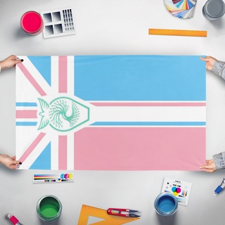 A mockup of the custom flag 'BRIT flag' held up on a table during print checking